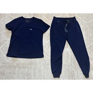 FIGS Women's Scrubs SET V Neck Top + ZAMORA JOGGER PANTS Navy Size Small